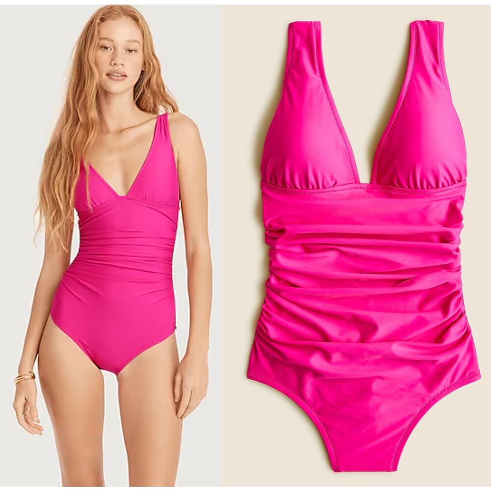 J. Crew | NWT | Ruched V-neck one-piece in Radiant Fuchsia | Sz 2